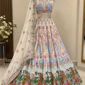Ivory Floral Printed Lehenga with Scenic Border