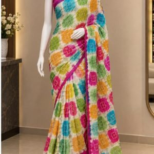 Multicolour Bandhani-Style Saree with Magenta Border