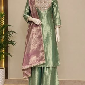 Sage Green and Mauve Embroidered Kurta Sharara Set