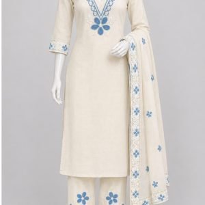 Ivory Kurta Set with Blue Floral Embroidery