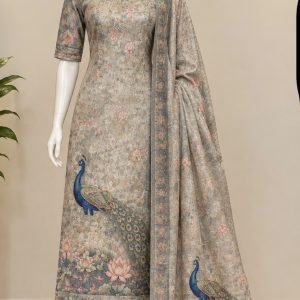 Taupe Grey Peacock-Print Kurta Set