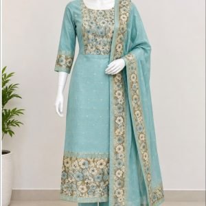 Aqua Blue Floral Border Kurta Set