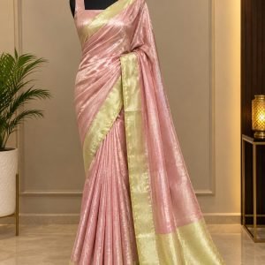 Rose Gold Pink Saree with Champagne Border