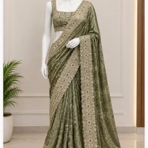 Olive Green Saree with Ornate Embroidered Border