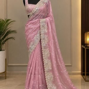 Blush Pink Pearl-Embellished Saree
